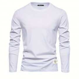 Casual Comfy Men's Solid Crew Neck Long Sleeve Cotton T-shirt, Spring Fall, Outdoor Indoor