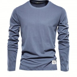 Casual Comfy Men's Solid Crew Neck Long Sleeve Cotton T-shirt, Spring Fall, Outdoor Indoor