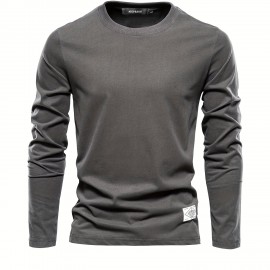 Casual Comfy Men's Solid Crew Neck Long Sleeve Cotton T-shirt, Spring Fall, Outdoor Indoor