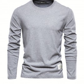 Casual Comfy Men's Solid Crew Neck Long Sleeve Cotton T-shirt, Spring Fall, Outdoor Indoor