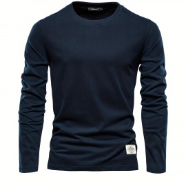 Casual Comfy Men's Solid Crew Neck Long Sleeve Cotton T-shirt, Spring Fall, Outdoor Indoor