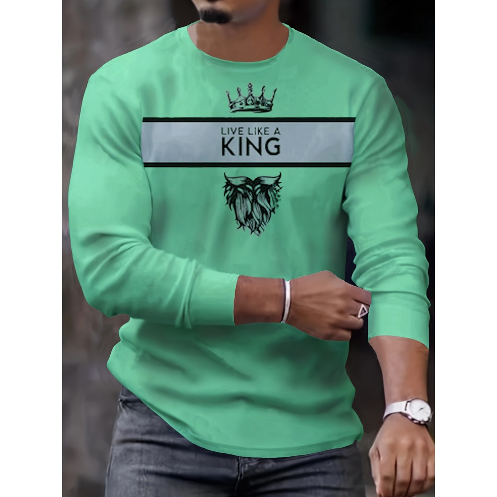 King Print, Men's Graphic Design Crew Neck Long Sleeve Active T-shirt Tee, Casual Comfy Shirts For Spring Summer Autumn, Men's Clothing Tops