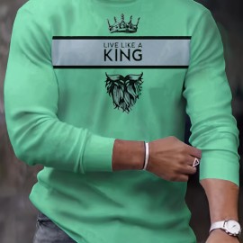 King Print, Men's Graphic Design Crew Neck Long Sleeve Active T-shirt Tee, Casual Comfy Shirts For Spring Summer Autumn, Men's Clothing Tops