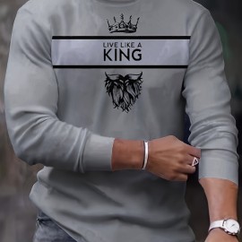 King Print, Men's Graphic Design Crew Neck Long Sleeve Active T-shirt Tee, Casual Comfy Shirts For Spring Summer Autumn, Men's Clothing Tops