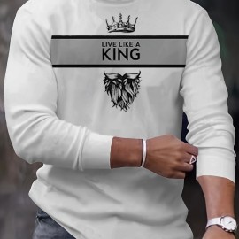 King Print, Men's Graphic Design Crew Neck Long Sleeve Active T-shirt Tee, Casual Comfy Shirts For Spring Summer Autumn, Men's Clothing Tops