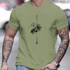 Mountain And Compass Pattern Print Men's Comfy T-shirt, Graphic Tee Men's Summer Outdoor Clothes, Men's Clothing, Tops For Men