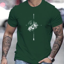 Mountain And Compass Pattern Print Men's Comfy T-shirt, Graphic Tee Men's Summer Outdoor Clothes, Men's Clothing, Tops For Men