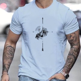 Mountain And Compass Pattern Print Men's Comfy T-shirt, Graphic Tee Men's Summer Outdoor Clothes, Men's Clothing, Tops For Men