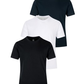 3pcs Multi Color Men's Solid Cotton Casual Short Sleeve T-Shirts Set, Basic Crew Neck Tees For Summer