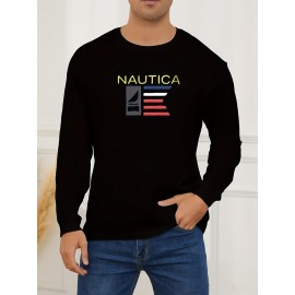 Men's Stylish Loose Nautica Pattern Sweatshirt, Casual Slightly Stretch Breathable Crew Neck Long Sleeve Top For City Walk Street Hanging Outdoor Activities