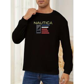 Men's Stylish Loose Nautica Pattern Sweatshirt, Casual Slightly Stretch Breathable Crew Neck Long Sleeve Top For City Walk Street Hanging Outdoor Activities