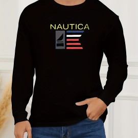 Men's Stylish Loose Nautica Pattern Sweatshirt, Casual Slightly Stretch Breathable Crew Neck Long Sleeve Top For City Walk Street Hanging Outdoor Activities