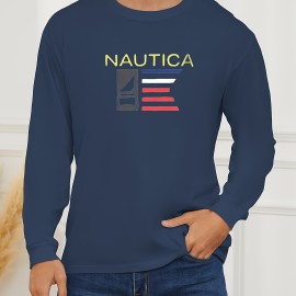 Men's Stylish Loose Nautica Pattern Sweatshirt, Casual Slightly Stretch Breathable Crew Neck Long Sleeve Top For City Walk Street Hanging Outdoor Activities