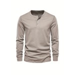 Men's Henley Collar Long Sleeve Cotton T Shirt