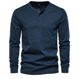 Men's Henley Collar Long Sleeve Cotton T Shirt