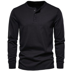 Men's Henley Collar Long Sleeve Cotton T Shirt