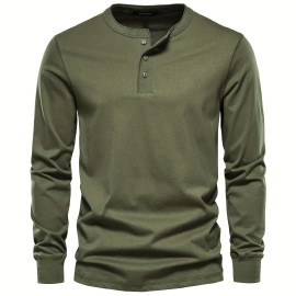 Men's Henley Collar Long Sleeve Cotton T Shirt