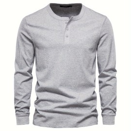 Men's Henley Collar Long Sleeve Cotton T Shirt