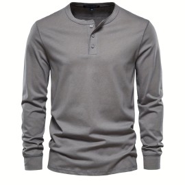 Men's Henley Collar Long Sleeve Cotton T Shirt