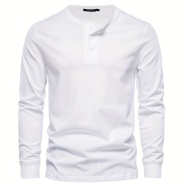 Men's Henley Collar Long Sleeve Cotton T Shirt