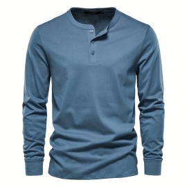 Men's Henley Collar Long Sleeve Cotton T Shirt