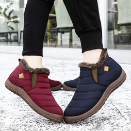 Women's Waterproof Snow Boots, Solid Color Plush Lined Slip On Ankle Boots, Winter Warm Outdoor Flat Boots