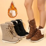 Women's Fleece Lined Short Boots, Winter Warm Lace Up Flat Snow Boots, Solid Color Outdoor Thermal Boots