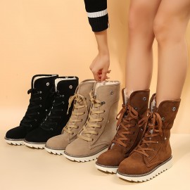 Women's Fleece Lined Short Boots, Winter Warm Lace Up Flat Snow Boots, Solid Color Outdoor Thermal Boots