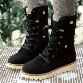 Women's Fleece Lined Short Boots, Winter Warm Lace Up Flat Snow Boots, Solid Color Outdoor Thermal Boots