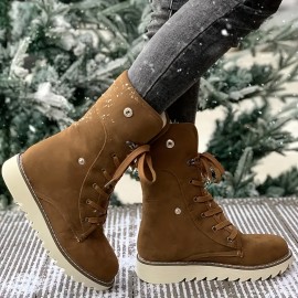 Women's Fleece Lined Short Boots, Winter Warm Lace Up Flat Snow Boots, Solid Color Outdoor Thermal Boots