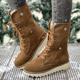 Women's Fleece Lined Short Boots, Winter Warm Lace Up Flat Snow Boots, Solid Color Outdoor Thermal Boots