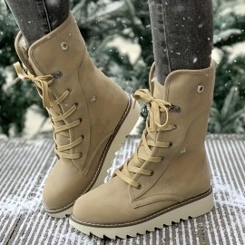 Women's Fleece Lined Short Boots, Winter Warm Lace Up Flat Snow Boots, Solid Color Outdoor Thermal Boots