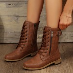 Women's Retro Flat Combat Boots, Lace Up & Side Zipper Short Boots, Buckle Strap All-Match Boots