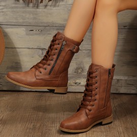 Women's Retro Flat Combat Boots, Lace Up & Side Zipper Short Boots, Buckle Strap All-Match Boots