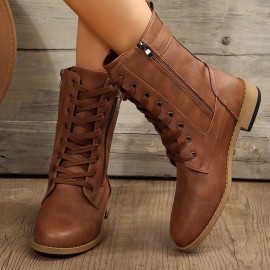 Women's Retro Flat Combat Boots, Lace Up & Side Zipper Short Boots, Buckle Strap All-Match Boots