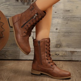 Women's Retro Flat Combat Boots, Lace Up & Side Zipper Short Boots, Buckle Strap All-Match Boots