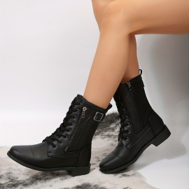 Women's Retro Flat Combat Boots, Lace Up & Side Zipper Short Boots, Buckle Strap All-Match Boots