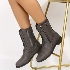 Women's Retro Flat Combat Boots, Lace Up & Side Zipper Short Boots, Buckle Strap All-Match Boots