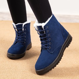 Women's Round Toe Lace Up Boots, Warm Faux Fur Lined Ankle Boots, Women's Footwear