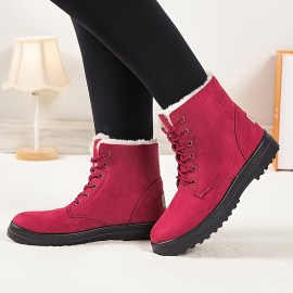 Women's Round Toe Lace Up Boots, Warm Faux Fur Lined Ankle Boots, Women's Footwear