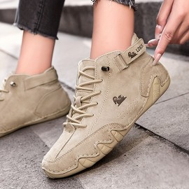 Women's Retro Ankle Boots, Solid Color Lace Up Mid Top Sneakers, Waterproof Non-slip Flat Boots