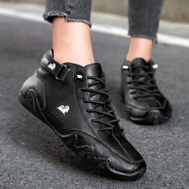 Women's Retro Ankle Boots, Solid Color Lace Up Mid Top Sneakers, Waterproof Non-slip Flat Boots