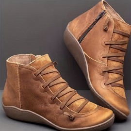 Women's Vintage Flat Ankle Boots, Solid Color Lace Up & Side Zipper Shoes, Comfy Short Boots