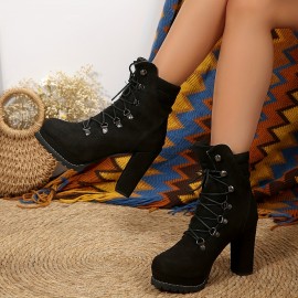 Women's Block Heeled Short Boots, Casual Lace Up Platform Ankle Boots, Metal Beads Decor Pumps