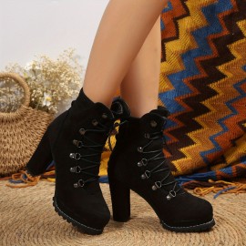 Women's Block Heeled Short Boots, Casual Lace Up Platform Ankle Boots, Metal Beads Decor Pumps