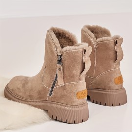 Women's Solid Color Platform Short Boots, Casual Side Zipper Fur Lined Boots, Comfortable Winter Boots