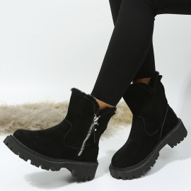 Women's Solid Color Platform Short Boots, Casual Side Zipper Fur Lined Boots, Comfortable Winter Boots