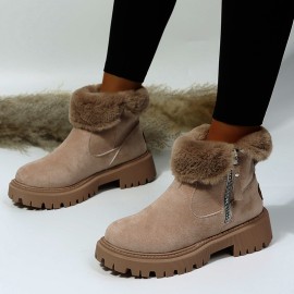 Women's Solid Color Platform Short Boots, Casual Side Zipper Fur Lined Boots, Comfortable Winter Boots