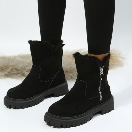 Women's Solid Color Platform Short Boots, Casual Side Zipper Fur Lined Boots, Comfortable Winter Boots