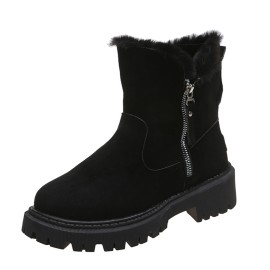 Women's Solid Color Platform Short Boots, Casual Side Zipper Fur Lined Boots, Comfortable Winter Boots